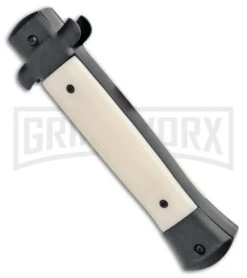 Mago 9" Sim Ivory Italian Stiletto OTF Auto Knife Black Bolsters (Satin Bayo) 9 Mago 9" Sim Ivory Italian Stiletto OTF Auto Knife Black Bolsters (Satin Bayo) -Grindworx Mago 9in Sim Ivory Italian Stiletto OTF Black Bolsters Bayo Satin GX 33952 jr side large