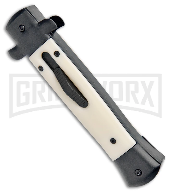 Mago 9" Sim Ivory Italian Stiletto OTF Auto Knife Black Bolsters (Satin Bayo) 4 Mago 9" Sim Ivory Italian Stiletto OTF Auto Knife Black Bolsters (Satin Bayo) - Image 2