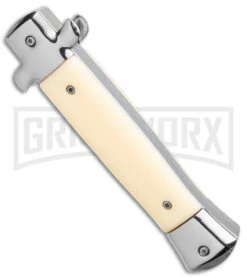 Mago 9" Sim Ivory Italian Stiletto OTF Auto Knife - Satin Bayonet W/o Clip -Grindworx Mago 9in Sim Ivory Italian Stiletto OTF Satin Bayo without Clip GX 38929 jr side large