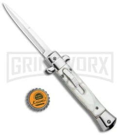 Mago 9" White Marble Italian Stiletto OTF Auto Bayo - Satin Plain -Grindworx Mago 9in White Marble Italian Stiletto OTF Auto Satin GX 33810 jr bottlecap large