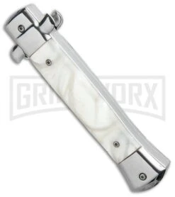 Mago 9" White Marble Italian Stiletto OTF Auto Bayo - Satin Plain -Grindworx Mago 9in White Marble Italian Stiletto OTF Auto Satin GX 33810 jr side large