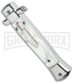 Mago 9" White Marble Italian Stiletto OTF Auto Bayo - Satin Plain -Grindworx Mago 9in White Marble Italian Stiletto OTF Auto Satin GX 33810 jr spine large