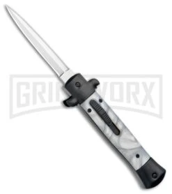 Mago 9" White Marble Italian Stiletto OTF Auto Knife Black Bolsters (Satin Dag)