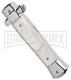 Mago 9" White Marble Italian Stiletto OTF Automatic Knife Dagger - Satin Plain 9 Mago 9" White Marble Italian Stiletto OTF Automatic Knife Dagger - Satin Plain -Grindworx Mago 9in White Marble Italian Stiletto OTF Satin Bolsters Dagger Satin GX 33909 jr side large