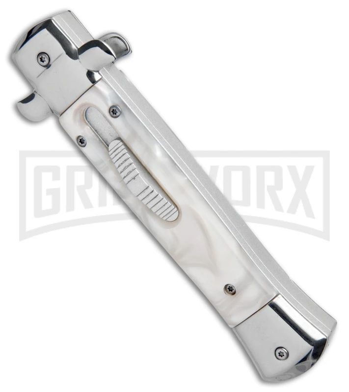 Mago 9" White Marble Italian Stiletto OTF Automatic Knife Dagger - Satin Plain 4 Mago 9" White Marble Italian Stiletto OTF Automatic Knife Dagger - Satin Plain - Image 2