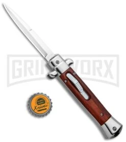 Mago 9" Wood Italian Stiletto OTF Automatic Knife - Satin Plain -Grindworx Mago 9in Wood Italian Stiletto OTF Auto Satin GX 33811 jr bottlecap large