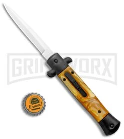 Mago 9" Yellow Marble Italian Stiletto OTF Automatic Knife - Black Bolsters -Grindworx Mago 9in Yellow Marble Italian Stiletto OTF Auto Black Bolsters Dagger Satin GX 37719 jr bottlecap large