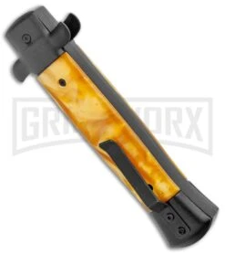 Mago 9" Yellow Marble Italian Stiletto OTF Automatic Knife - Black Bolsters -Grindworx Mago 9in Yellow Marble Italian Stiletto OTF Auto Black Bolsters Dagger Satin GX 37719 jr side large