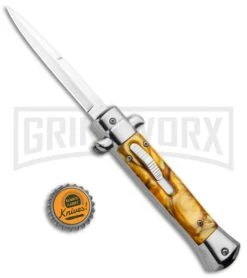 Mago 9" Yellow Marble Italian Stiletto OTF Automatic Knife - Satin Plain -Grindworx Mago 9in Yellow Marble Italian Stiletto OTF Auto Satin GX 33804 jr bottlecap large