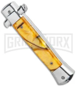 Mago 9" Yellow Marble Italian Stiletto OTF Automatic Knife - Satin Plain -Grindworx Mago 9in Yellow Marble Italian Stiletto OTF Auto Satin GX 33804 jr side large