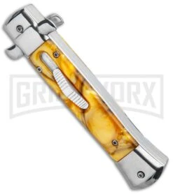 Mago 9" Yellow Marble Italian Stiletto OTF Automatic Knife - Satin Plain -Grindworx Mago 9in Yellow Marble Italian Stiletto OTF Auto Satin GX 33804 jr spine large