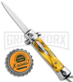Mago 4.75" Mini Stiletto OTF Automatic Knife - Yellow Marble 11 Mago 4.75" Mini Stiletto OTF Automatic Knife - Yellow Marble -Grindworx Mago Mini OTF Stiletto Yellow GX 34273 jr bottlecap large