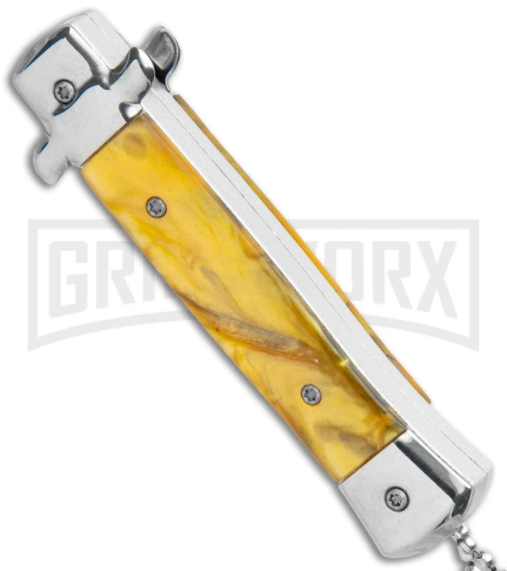Mago 4.75" Mini Stiletto OTF Automatic Knife - Yellow Marble 5 Mago 4.75" Mini Stiletto OTF Automatic Knife - Yellow Marble - Image 3
