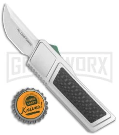 No Limit Knives Akuma OTF Auto Knife Silver Carbon Fiber Grn Hrdwr (Satin Tanto) -Grindworx No Limit Knives Akuma OTF Auto Silver Green Hardware Satin Tanto GX 35197 jr bottlecap large