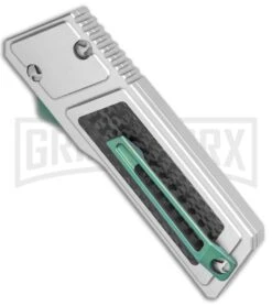 No Limit Knives Akuma OTF Auto Knife Silver Carbon Fiber Grn Hrdwr (Satin Tanto) -Grindworx No Limit Knives Akuma OTF Auto Silver Green Hardware Satin Tanto GX 35197 jr side large