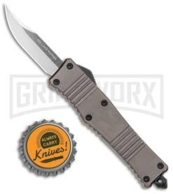 No Limit Knives Cali-Legal OTF Automatic Knife Gray - Clip Point Satin -Grindworx No Limit Knives Cali Legal OTF Auto Gray CP Satin GX 34130 jr bottlecap large