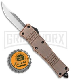 No Limit Knives Cali-Legal OTF Automatic Knife Bronze - Clip Point Satin -Grindworx No Limit Knives Cali Legal OTF Bronze CP Satin GX 34131 jr bottlecap large
