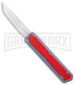 No Limit Knives Vanga Red/Blue OTF Automatic Knife - Tanto Satin Plain