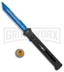Paragon Estiletto Black Bolt Automatic OTF Knife - Blue Tanto -Grindworx Paragon Estiletto Tanto OTF Auto Black Lightning Bolt Blue Serr EST T LB B CBLU BHQ 103600 jr bottlecap large