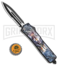Rumble Black D/A OTF Automatic Knife Dagger Wolf Graphic - Two Tone Plain Serr -Grindworx Rumble Black DA OTF Auto Dagger Wolf Graphic TT Plain Serr GX 36384 jr bottlecap large