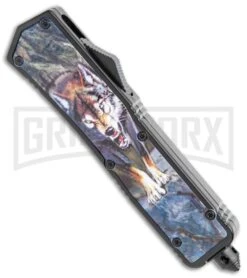 Rumble Black D/A OTF Automatic Knife Dagger Wolf Graphic - Two Tone Plain Serr -Grindworx Rumble Black DA OTF Auto Dagger Wolf Graphic TT Plain Serr GX 36384 jr spine large