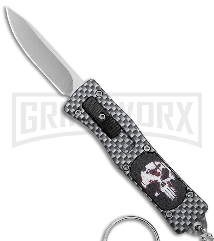 Skull Mini Dog Tag Gray Black Carbon Fiber D/A OTF Automatic Knife - Satin Plain 3 Skull Mini Dog Tag Gray Black Carbon Fiber D/A OTF Automatic Knife - Satin Plain