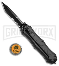 Smith & Wesson Spring Assisted Finger Actuator Tanto OTF Knife - Black Serr -Grindworx Smith Wesson OTF Assist Finger Actuator Tanto Black Serr SWOTF9TBS BHQ 67474 jr bottlecap large