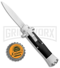 Enzo Stiletto Mini Black W/ Silver Bolsters OTF Automatic Knife - Satin Plain -Grindworx Stiletto Mini Black Silver Bolsters DA OTF Auto Satin GX 37640 jr bottlecap large