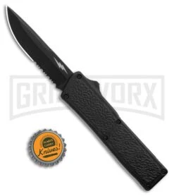 Thunder Black D/A OTF Automatic Knife - Black Serrated -Grindworx Thunder Black DA OTF Auto Black Serr GX 34186 jr bottlecap large