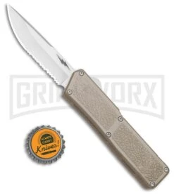 Thunder Tan D/A OTF Automatic Knife - Satin Serrated -Grindworx Thunder Tan DA OTF Auto Satin Serr GX 34404 jr bottlecap large