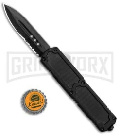 Titan Black D/A OTF Automatic Knife - Carbon Fiber Inlay - Dagger Black Serr -Grindworx Titan Black DA OTF Auto CF Inlay Dagger Black Serr GX 37205 jr bottlecap large