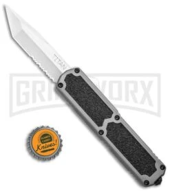 Titan Gray D/A OTF Automatic Knife - Tanto Satin Serrated -Grindworx Titan Gray DA OTF Auto Tanto Satin Serr GX 36399 jr bottlecap large