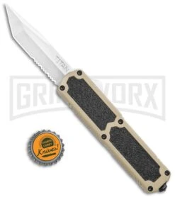 Titan Tan D/A OTF Automatic Knife - Tanto Satin Serrated 9 Titan Tan D/A OTF Automatic Knife - Tanto Satin Serrated -Grindworx Titan Tan DA OTF Auto Tanto Satin Serr GX 36377 jr bottlecap large
