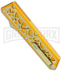 Vespa Knives Dark Star OTF Orange W/Gold Titanium Inlays - Satin Plain M390 -Grindworx Vespa Knives Dark Star OTF Orange Gold Ti Inlays M390 GX 36169 jr side large