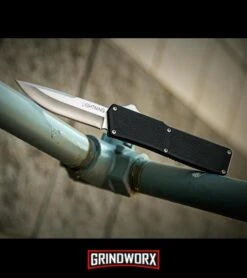 Lightning Black D/A OTF Automatic Knife - Satin Plain -Grindworx lightning otf black satin plain dl pipes large