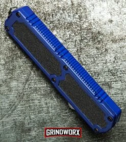 Titan Blue D/A OTF Automatic Knife - Dagger Black Serrated -Grindworx titan blue black serr cm side large