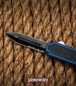 Titan Blue D/A OTF Automatic Knife - Dagger Black Serrated -Grindworx titan blue black serr rope dl large