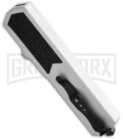 Titan White D/A OTF Automatic Knife - Dagger Satin Plain -Grindworx titan white satin side cm large